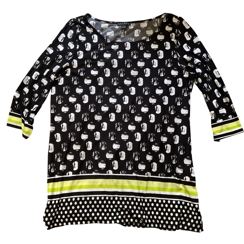 Tribal Womens XL Black White Geometric Polka Dot‎ Lime Green 3/4 Sleeve Blouse